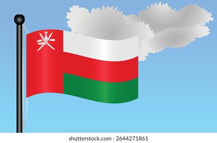 Oman national flag waving against a bright blue sky. representing national pride, unity, and heritage in Middle East with its vibrant colors and iconic design. Patriotic symbol of identity or pride