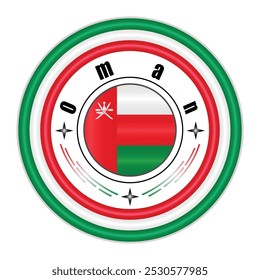 Arte vectorial de la insignia del orgullo nacional de Omán. emblema circular con Colores de la bandera de Omán rojo, blanco y verde. Simbolizando la identidad nacional omaní. EPS de Vector editable disponible