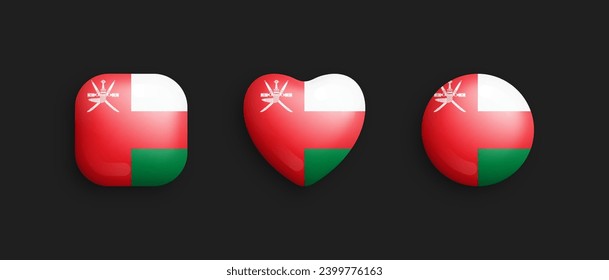 Oman Official National Flag 3D Vector Glossy Icons In Rounded Square, Heart And Circle Form Isolated On Black Background. Omani Sign And Symbols Graphic Design Elements Volumetric Buttons Collection