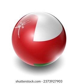 Oman (OMN) Omani Nation Flag 2.5D Isometric View, Glossy Sphere Design, Flag Symbol Icon, Button Presentation Element Template Isolated on White Background