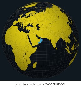 Oman on Globe. Country view on the world map in Charcoal Bright Yellow color palette. Oman shape on map. Globe with meridians, parallels, countries, rivers and lakes. Beautiful vector illustration.