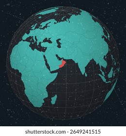 Oman on Globe. Vintage look with grunge scratched texture. Country view on world map in Dark Charcoal Turquoise color palette. Oman shape on map. Globe with meridians and parallels.