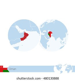 Oman on world globe with flag and regional map of Oman. Vector Illustration.