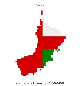 Oman pixel flag map icon. 8 bit pixel art Omani map covered with flag. Flat vector illustration isolated on white background.