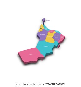 Oman political map of administrative divisions - governorates. Colorful 3D vector map with dropped shadow and country name labels.