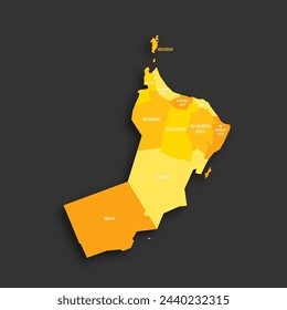 Oman politische Karte der administrativen Gräben - Gouvernements. Flache Vektor-Map mit gelben Schattierungen und abgeworfenen Schatten auf dunkelgrauem Hintergrund.