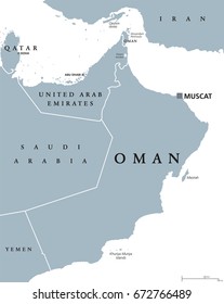 Oman political map with capital Muscat. Sultanate and Arab country in Western Asia and Middle East on the Arabian Peninsula. Gray illustration isolated on white background. English labeling. Vector.