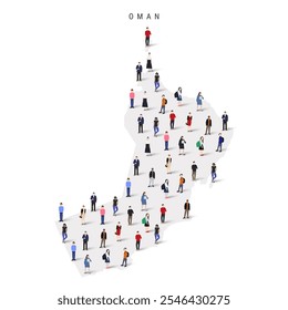 Mapa da população de Omã. Grande grupo de realista uma multidão diversificada de pessoas figura em uma forma de mapa de Omã. Ilustração de vetor plano isolada em branco.