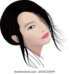 oman portrait drawing illustration, black hair woman, international women's day