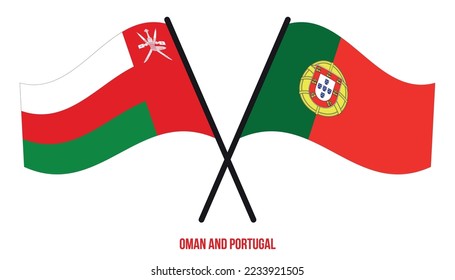 Oman and Portugal Flags Crossed And Waving Flat Style. Official Proportion. Correct Colors.