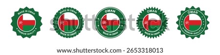 oman product label set. oman flag, premium made in oman . Labels, seals, stamps, flags, icons