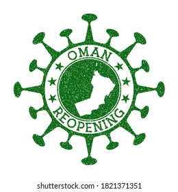 Oman Reopening Stamp. Green round badge of country with map of Oman. Country opening after lockdown. Vector illustration.