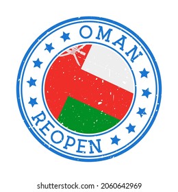 Oman Reopening Stamp. Round badge of country with flag of Oman. Reopening after lockdown sign. Vector illustration.