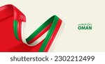 Oman ribbon flag. Bent waving ribbon in colors of the Oman national flag. National flag background.
