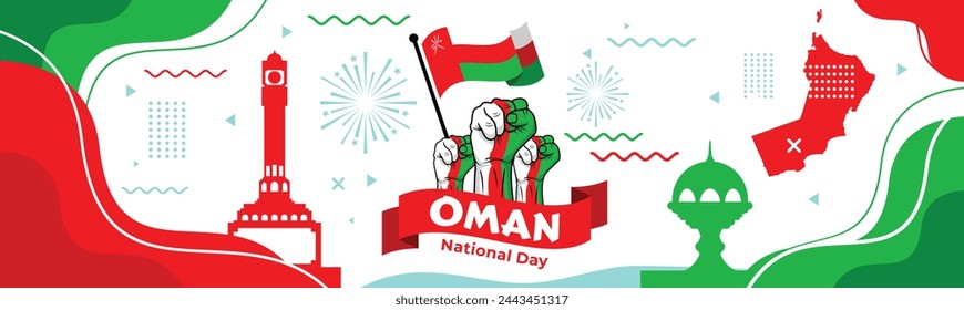 Oman ribbon flag. Bent waving ribbon in colors of the Oman national flag. National flag background.

