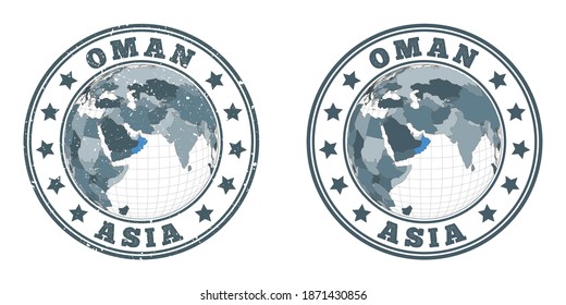 Oman round logos. Circular badges of country with map of Oman in world context. Plain and textured country stamps. Vector illustration.