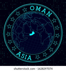 Oman Round Sign. Futuristic Satelite View Of The World Centered To Oman. Country Badge With Map, Round Text And Binary Background. Charming Vector Illustration.