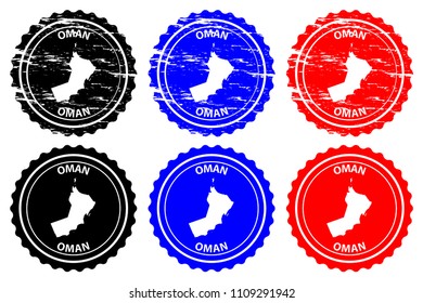 Oman - rubber stamp - vector, Sultanate of Oman map pattern - sticker - black, blue and red