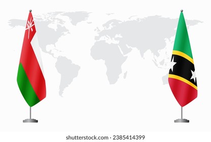 Oman and Saint Kitts and Nevis flags for official meeting against background of world map.