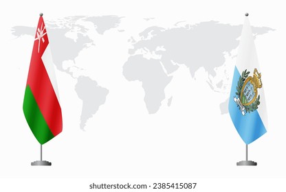 Oman and San Marino flags for official meeting against background of world map.