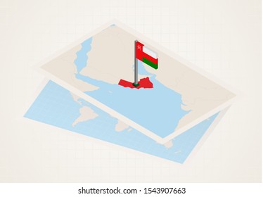 Oman selected on map with isometric flag of Oman. Vector paper map.