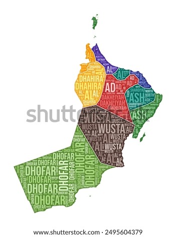 Oman shape. Country word cloud with region division. Oman colored illustration. Region names cloud. Vector illustration.