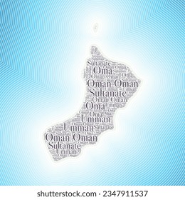 Oman shape formed by country name in multiple languages. Oman border on stylish striped gradient background. Vibrant poster. Classy vector illustration.