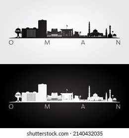 Oman skyline and landmarks silhouette, black and white design, vector illustration.