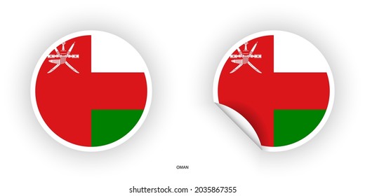 Oman sticker flag icon set in circle shape and circle with peel off on white background.