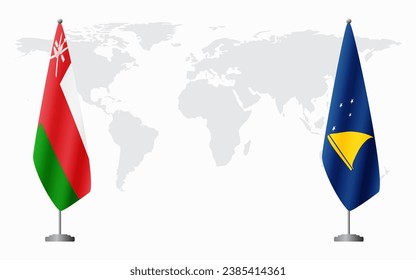 Oman and Tokelau flags for official meeting against background of world map.