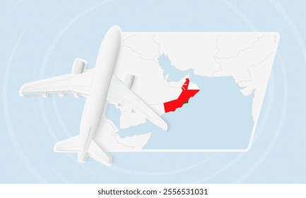 Oman Travel Illustration with Plane and National Flag. Ideal for travel agencies, promotional materials, or geographic content related to Oman.