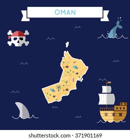 Oman Schatzkarte im flachen Design. Farbige Cartoon-Schatzkarte von Oman mit flachen Design-Icons von Piratenschiff und Jolly Roger. Oman flaches Design Vektorillustration Illustration.