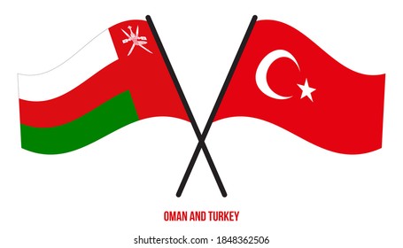 Oman and Turkey Flags Crossed And Waving Flat Style. Official Proportion. Correct Colors.