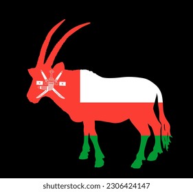 Oman vector flag over Oryx gazelle national animal symbol silhouette illustration isolated on black background. Middle east state flag emblem. Arab country in Asia. Gemsbok antelope patriotic banner.