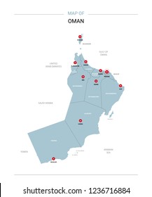 Oman vector map. Editable template with regions, cities, red pins and blue surface on white background. 