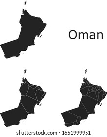 Mapas vectoriales de Omán con regiones administrativas, municipios, departamentos y fronteras