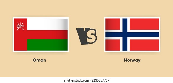 Oman vs Norway flags placed side by side. Creative stylish national flags of Oman vs Norway with background
