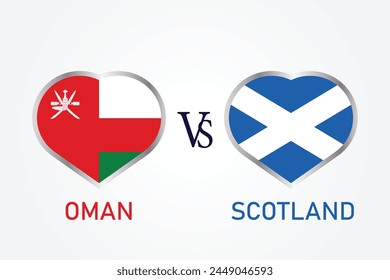 Oman Vs Scotland, Cricket Match concept with creative illustration of participant countries flag Batsman and Hearts isolated on white background