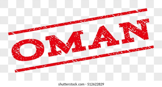 Oman watermark stamp. Text caption between parallel lines with grunge design style. Rubber seal stamp with unclean texture. Vector red color ink imprint on a chess transparent background.