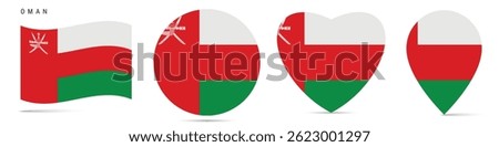 Oman waving flag, round circle sticker badge, heart shaped icon, map pin. Omani flag buttons of different shapes. Vector illustration isolated on white.