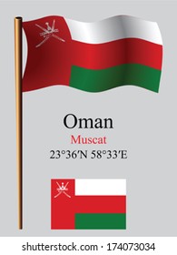 oman wavy flag and coordinates against gray background, vector art illustration, image contains transparency