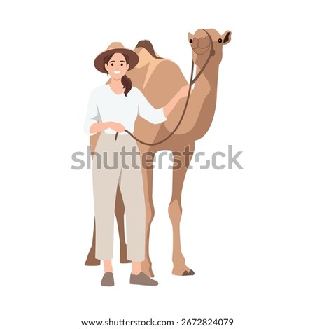 oman wearing a hat standing beside a camel, holding its rein. Flat vector illustration isolated on white background