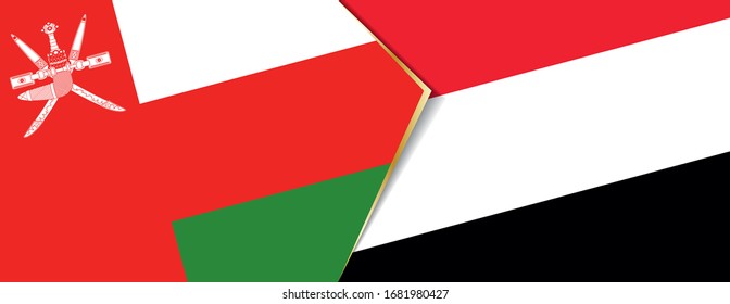 Oman and Yemen flags, two vector flags symbol of relationship or confrontation.