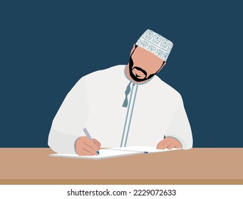 Omani Arabic student writes on a notebook