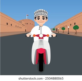 Omani boy from Nizwa drives a motorcycle with Nizwa fort background