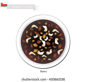 Cuisine omanaise, beignets de Halwa ou gelée traditionnelle à base d'amidon de maïs, de safran et de diverses noix. L'un des desserts les plus populaires d'Oman.