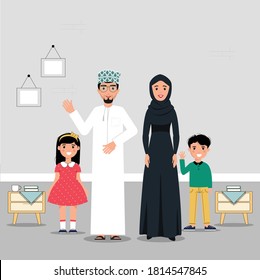 Omani Family Women And Man Illustration. Oman Man And Women With Boys Vector