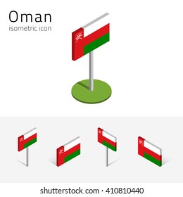 Omani flag (Sultanate of Oman), vector set of isometric flat icons, 3D style, different views. 100% editable design elements for banner, website, presentation, infographic, poster, map. Eps 10