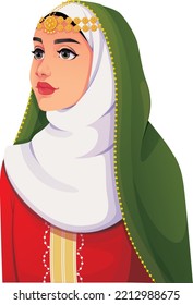 An Omani girl in the colors of the Oman flag red, white and green. Omani character design.