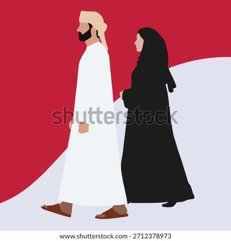 Omani man and Arabic woman dressed in traditional attire, walking side by side towards the right, Show the backside of the people. The man is wearing a white dishdasha and kumma, the woman in black